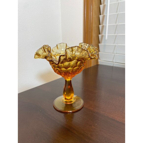 Vintage Fenton Amber Glass Thumbprint Compote Bowl - Picture 2 of 6